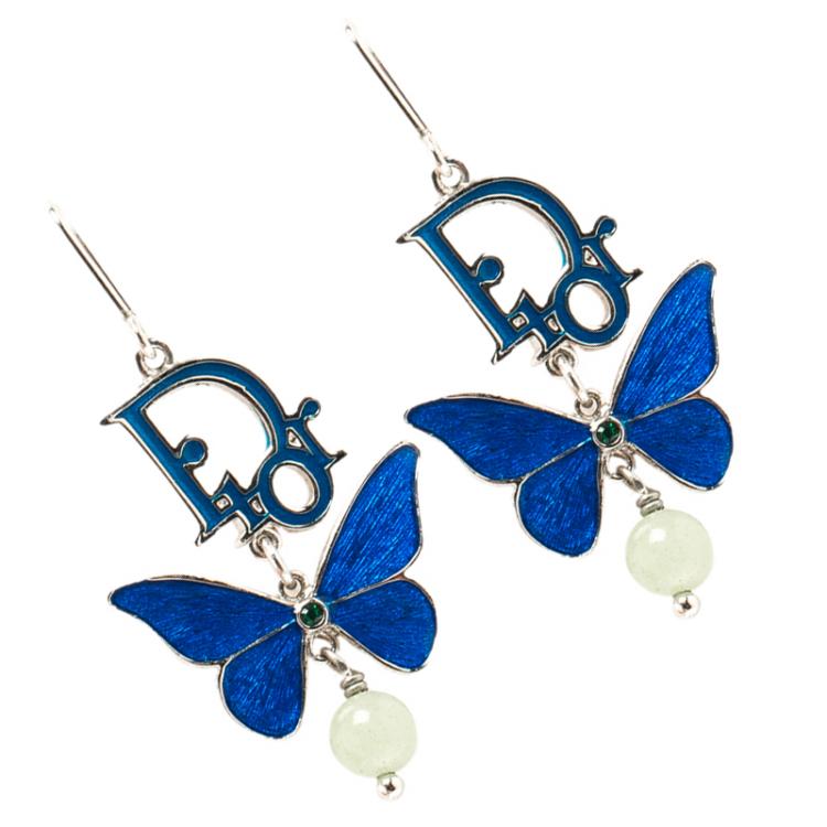 Pre Owned Dior Blue Enamel Butterfly Silver Tone Drop Earrings