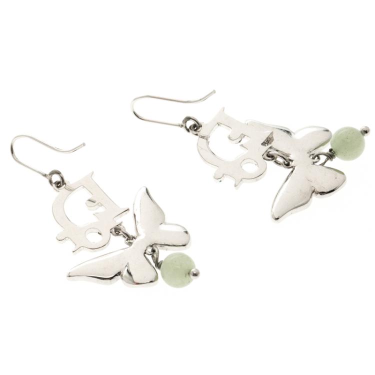 Pre Owned Dior Blue Enamel Butterfly Silver Tone Drop Earrings