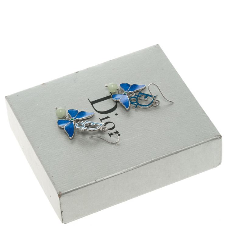 Pre Owned Dior Blue Enamel Butterfly Silver Tone Drop Earrings