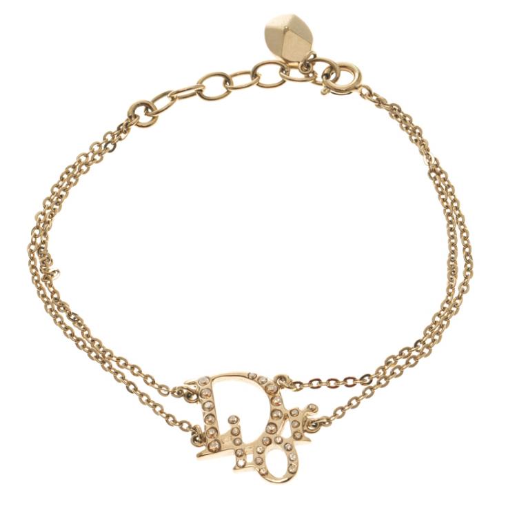 Pre Owned Dior Oblique Crystal Gold Tone Bracelet 20 cm