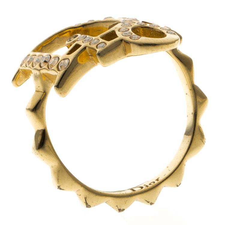 Pre Owned Dior Crystal Studded Logo Gold Tone Ring Size 52