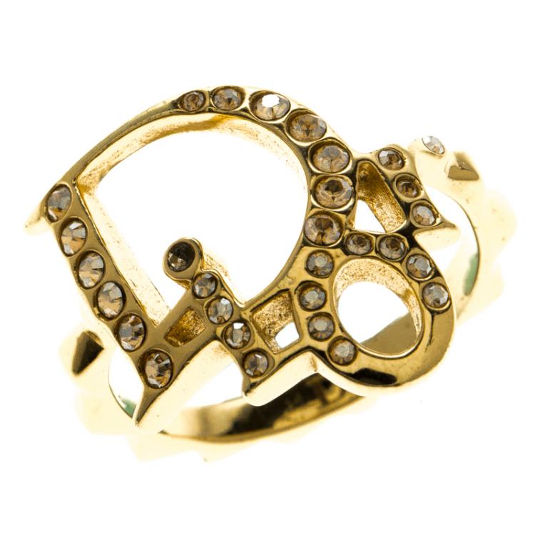 Pre Owned Dior Crystal Studded Logo Gold Tone Ring Size 52