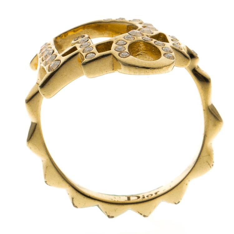 Pre Owned Dior Crystal Studded Logo Gold Tone Ring Size 52