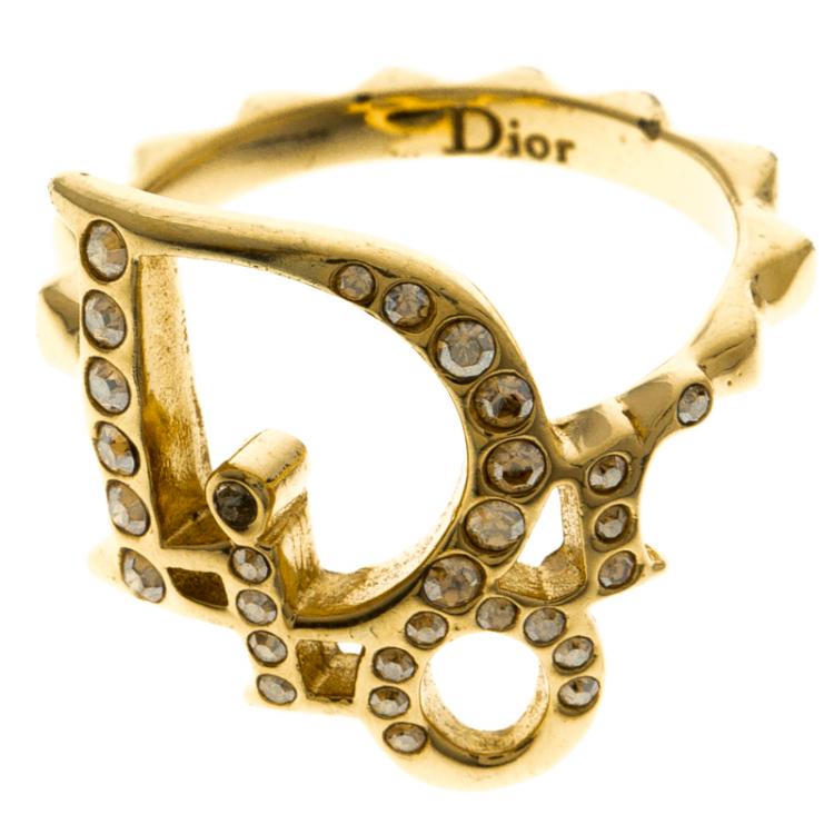 Pre Owned Dior Crystal Studded Logo Gold Tone Ring Size 52
