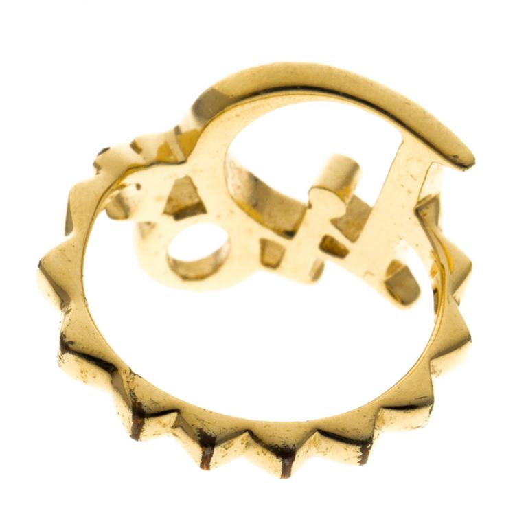 Pre Owned Dior Crystal Studded Logo Gold Tone Ring Size 52