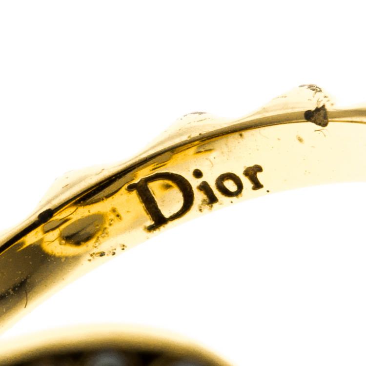 Pre Owned Dior Crystal Studded Logo Gold Tone Ring Size 52