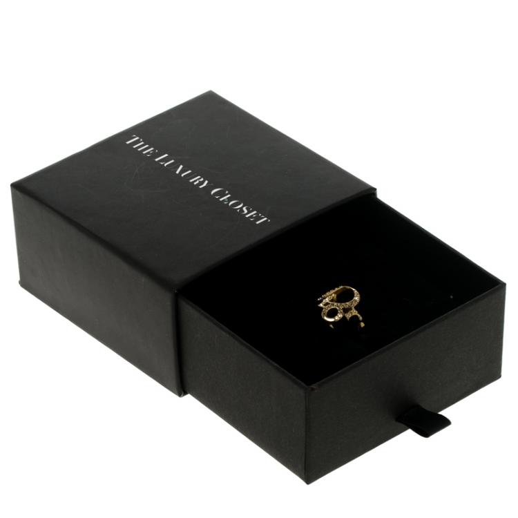 Pre Owned Dior Crystal Studded Logo Gold Tone Ring Size 52