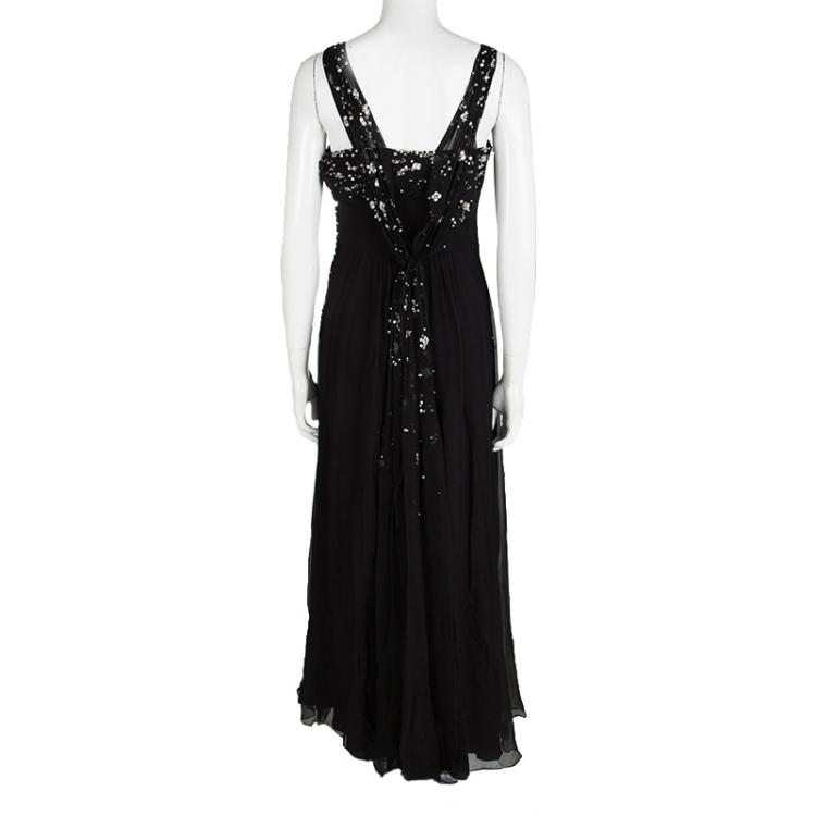 Pre Owned Dior Black Silk Chiffon Crystal Embellished Gown S