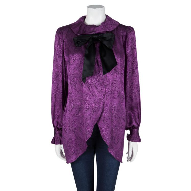 Pre Owned Dior Vintage Purple Paisley Printed Silk Draped Open Front Blouse L