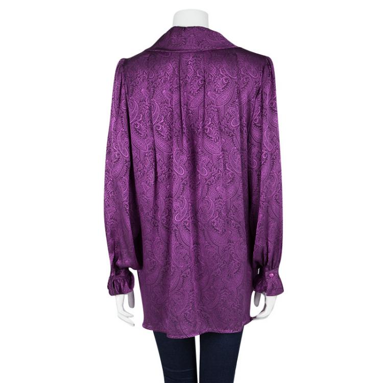Pre Owned Dior Vintage Purple Paisley Printed Silk Draped Open Front Blouse L