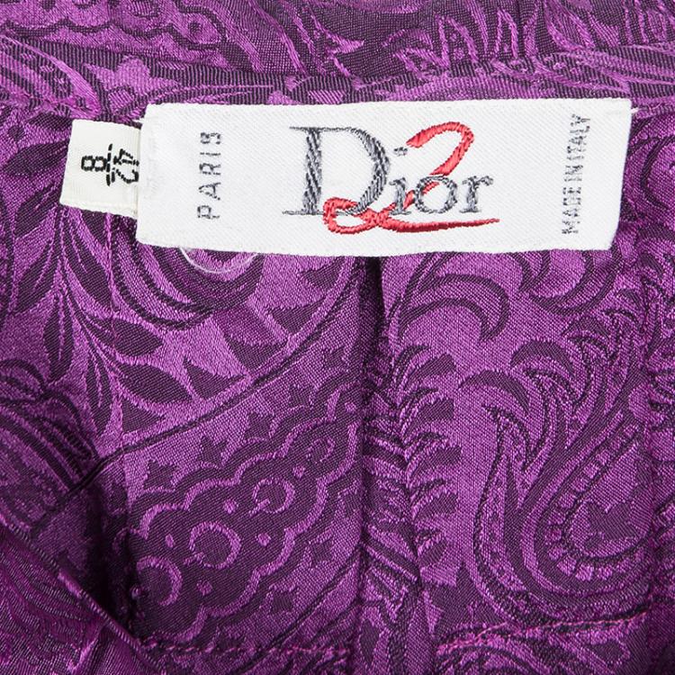 Pre Owned Dior Vintage Purple Paisley Printed Silk Draped Open Front Blouse L