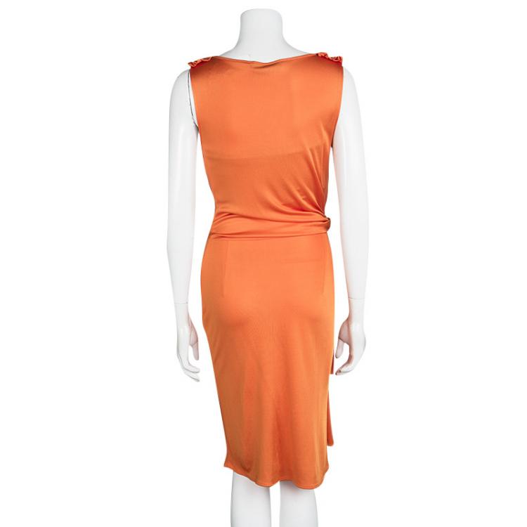 Pre Owned Dior Orange Knit Draped Sleeveless Cowl Neck Dress M