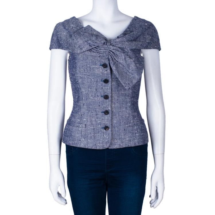 Pre Owned Dior Blue Sleeveless Bow Textured Jacket M