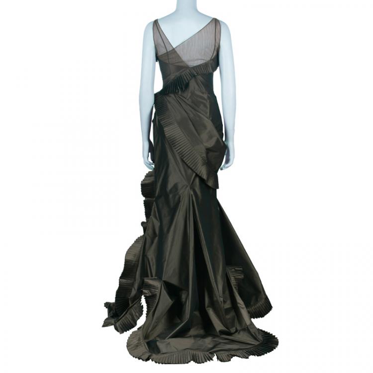 Pre Owned Dior Olive Green Silk Taffeta Gown S