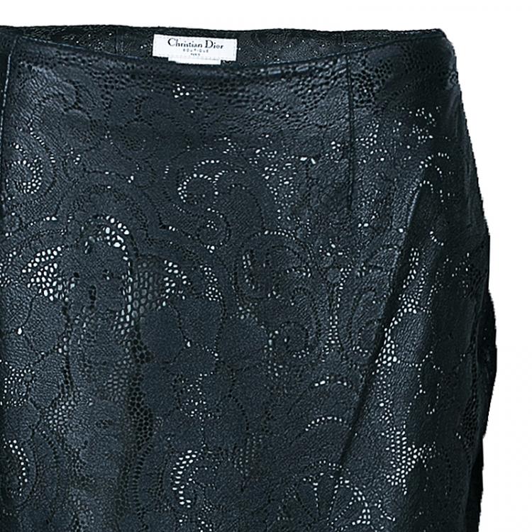 Pre Owned Dior Black Leather Laser Cut Skirt M