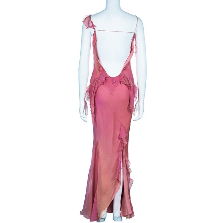 Pre Owned Dior Pastel Pink Ruffle Detail Silk Dress M
