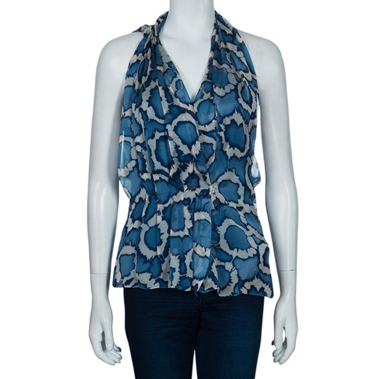 Pre Owned Dior Blue Print Silk Top S