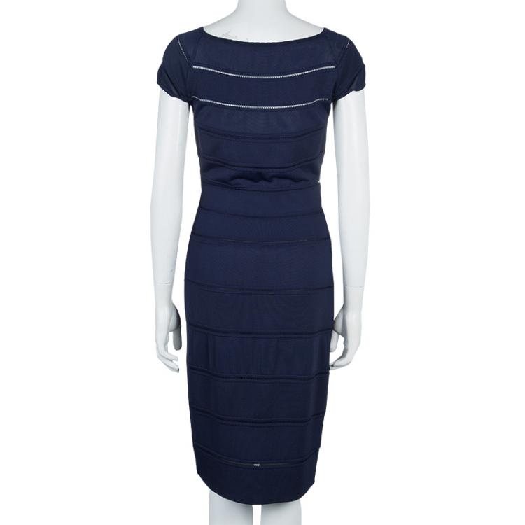 مملوكة مسبقًا Dior Navy Blue Cut Out Detail Short Sleeve Lined Dress M
