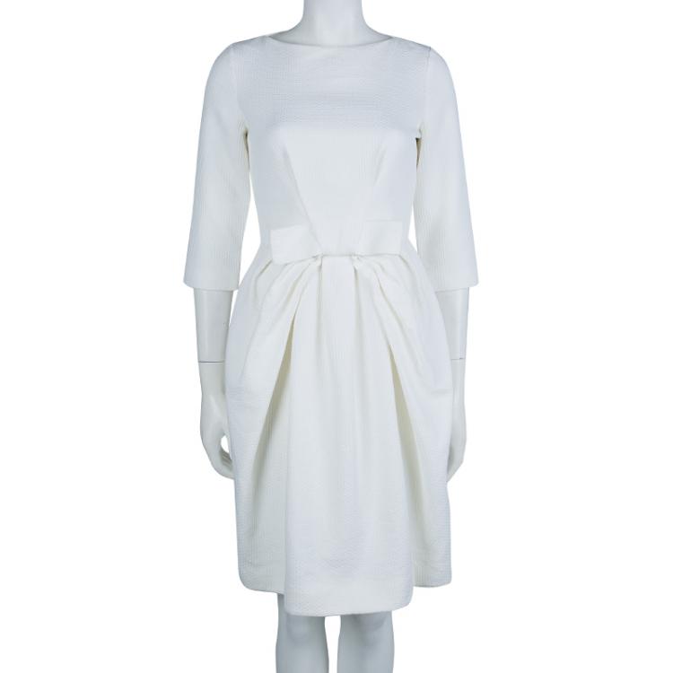 Pre Owned Dior Cream Textured Cotton Bow Detail Dress M