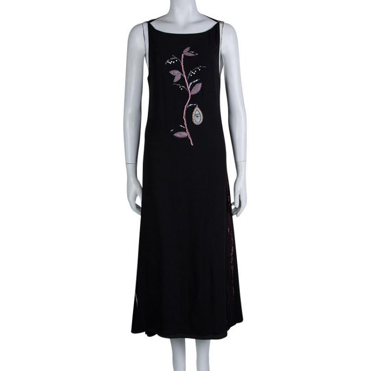 Pre Owned Dior Black Silk Embellished Floral Motif Detail Sleeveless Dress S
