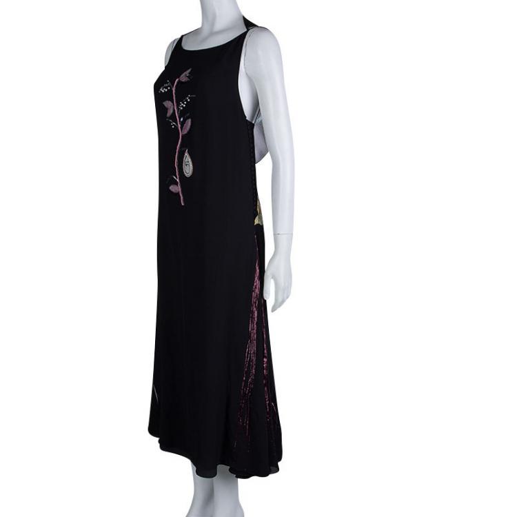 Pre Owned Dior Black Silk Embellished Floral Motif Detail Sleeveless Dress S