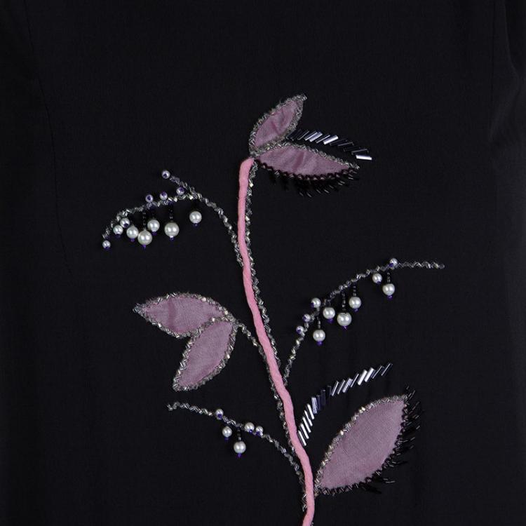 Pre Owned Dior Black Silk Embellished Floral Motif Detail Sleeveless Dress S