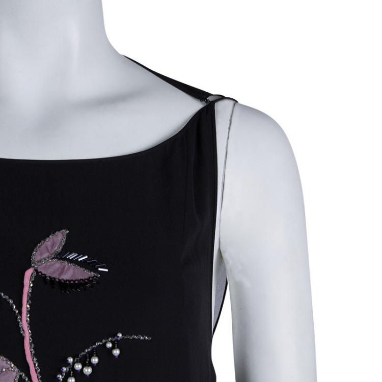 Pre Owned Dior Black Silk Embellished Floral Motif Detail Sleeveless Dress S