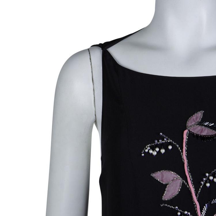 Pre Owned Dior Black Silk Embellished Floral Motif Detail Sleeveless Dress S