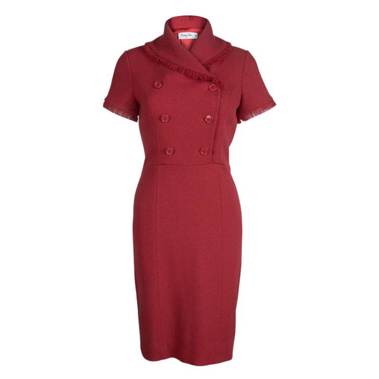 Pre Owned Dior Red Wool Double Breasted Short Sleeve Dress S