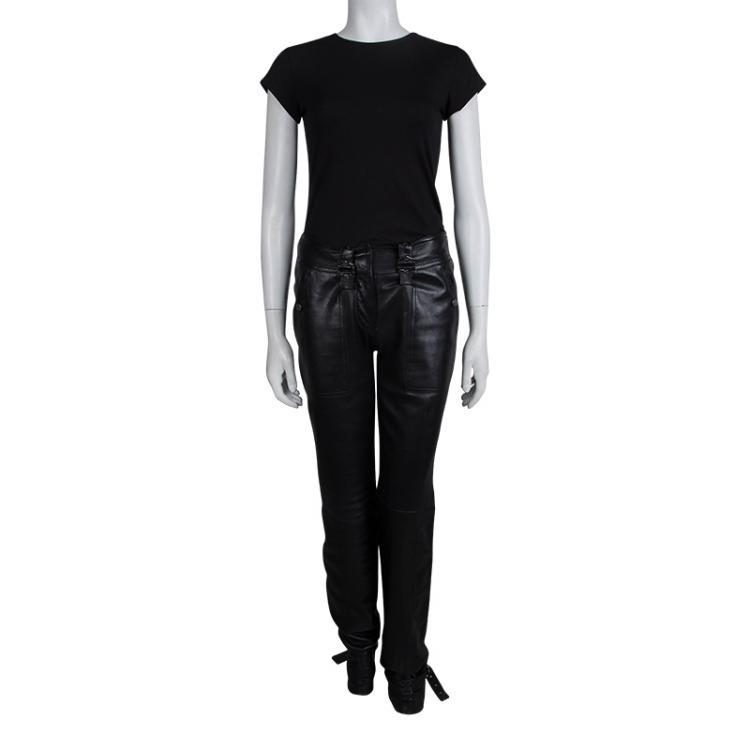 Pre Owned Dior Black Leather Buckle Detail High Waist Pants S