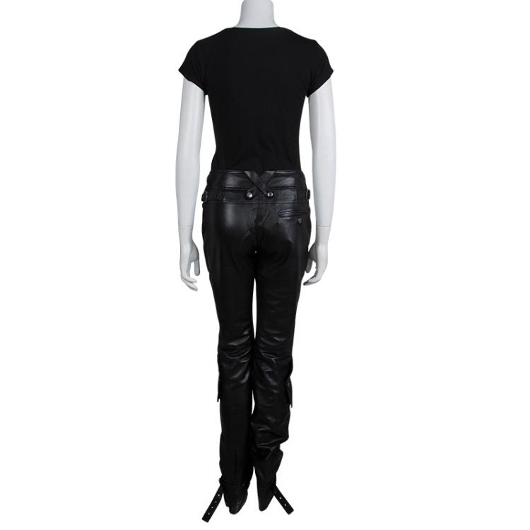 Pre Owned Dior Black Leather Buckle Detail High Waist Pants S
