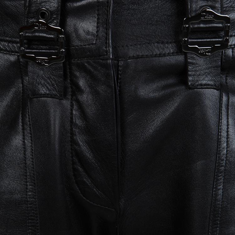 Pre Owned Dior Black Leather Buckle Detail High Waist Pants S