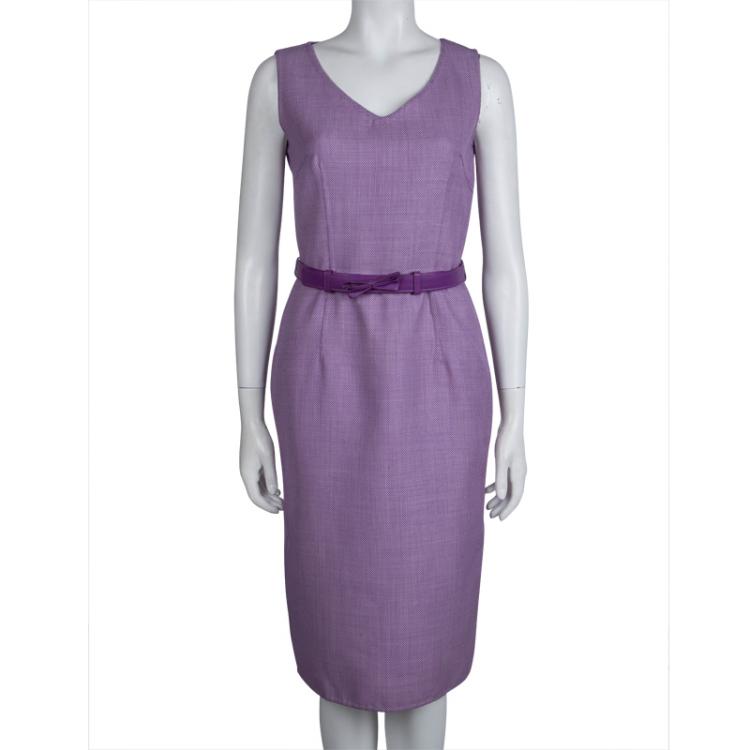 Pre Owned Dior Purple Jacquard Wool Belted Sleeveless Dress M