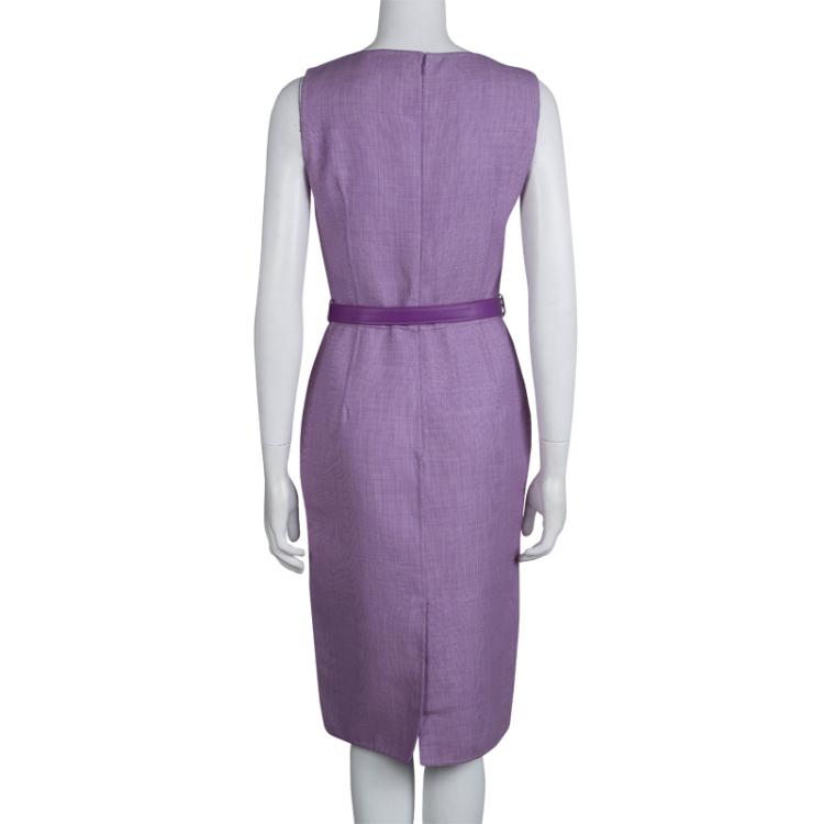 Pre Owned Dior Purple Jacquard Wool Belted Sleeveless Dress M