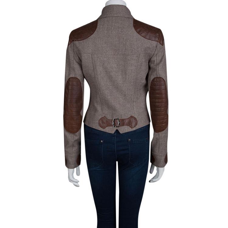 Pre Owned Dior Brown Leather Patch Detail Tweed Jacket M