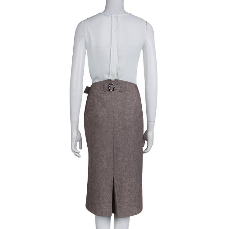Pre Owned Dior Brown Buckle Detail Tweed Skirt M
