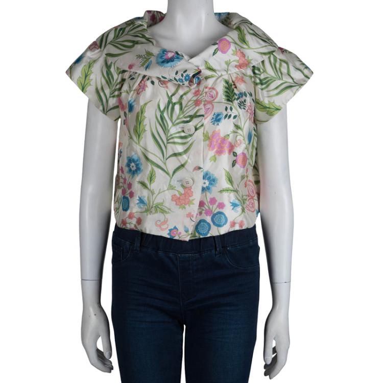 Pre Owned Dior Cream Floral Printed Cropped Short Sleeve Jacket M