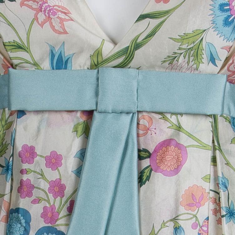 مملوكة مسبقًا Dior Cream Floral Printed Silk Bow Detail Sleeveless Dress S
