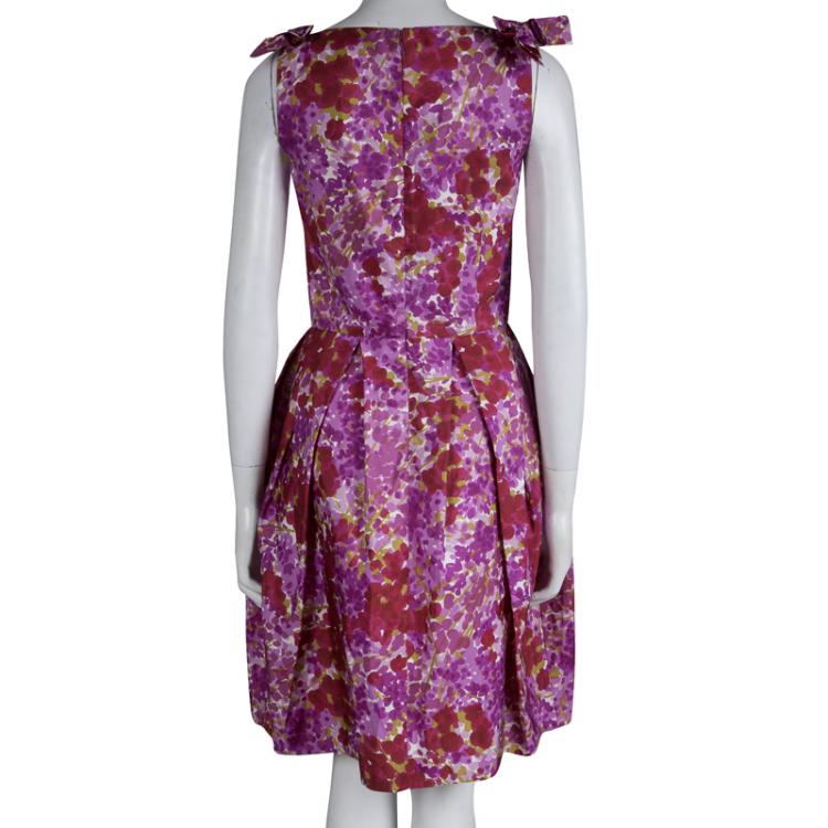 Pre Owned Dior Pink Floral Printed Silk Bow Detail Sleeveless Dress S