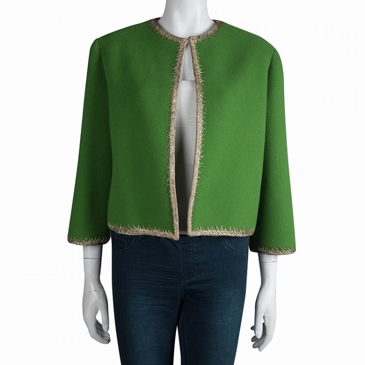 Pre Owned Dior Green Fleece Wool Metallic Edging Detail Box Jacket M
