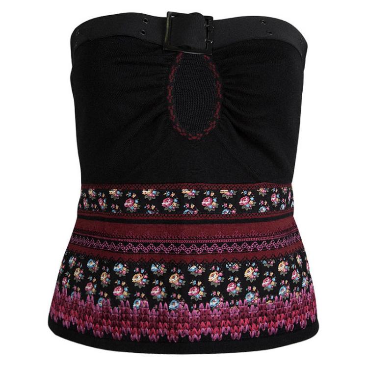 Pre Owned Dior Boutique Embroidered Knit Belt Detail Strapless Top M