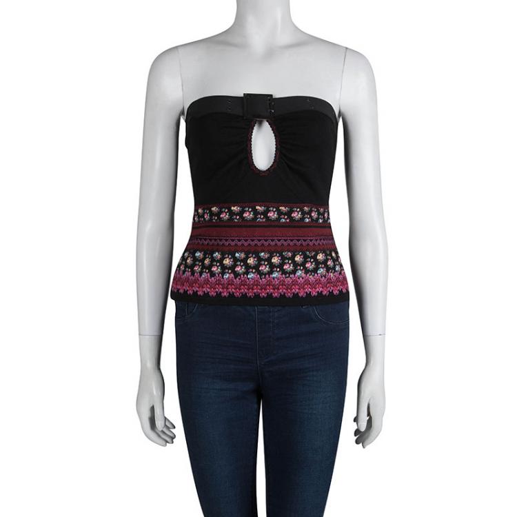 Pre Owned Dior Boutique Embroidered Knit Belt Detail Strapless Top M