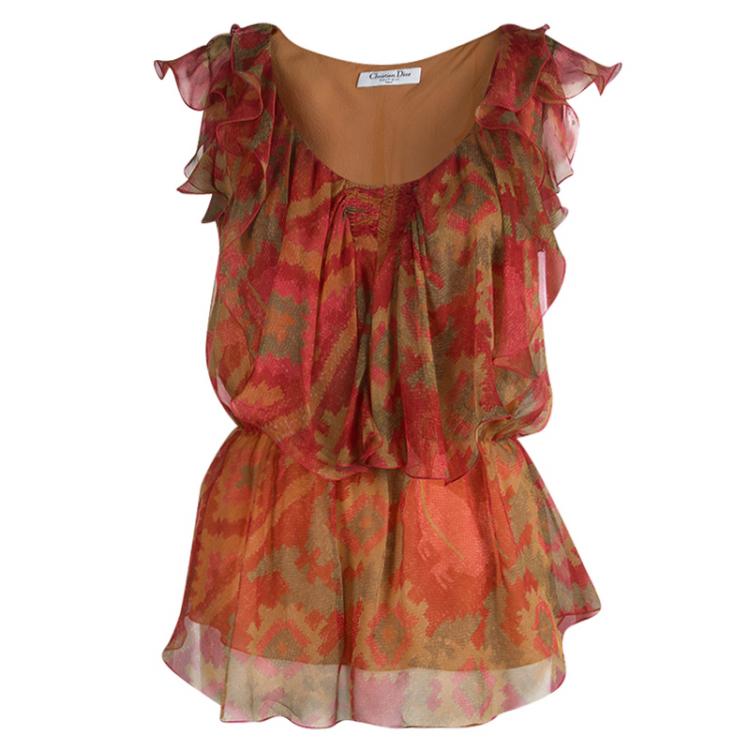 Pre Owned Dior Multicolor Printed Silk Chiffon Ruffle Detail Sleeveless Top S