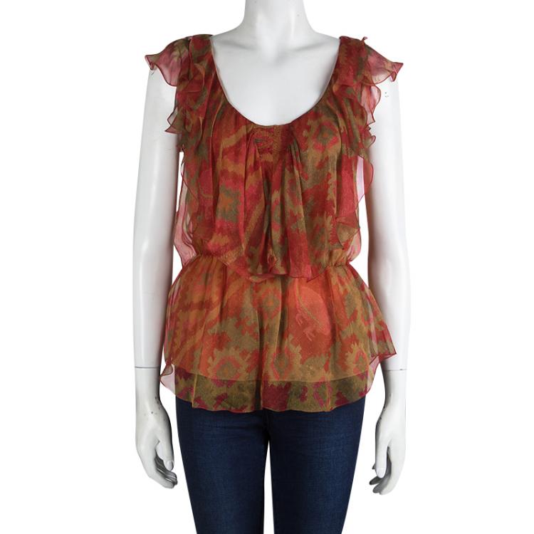 Pre Owned Dior Multicolor Printed Silk Chiffon Ruffle Detail Sleeveless Top S