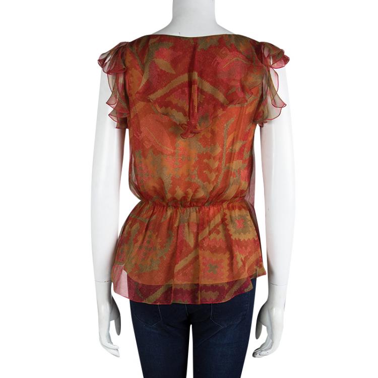 Pre Owned Dior Multicolor Printed Silk Chiffon Ruffle Detail Sleeveless Top S