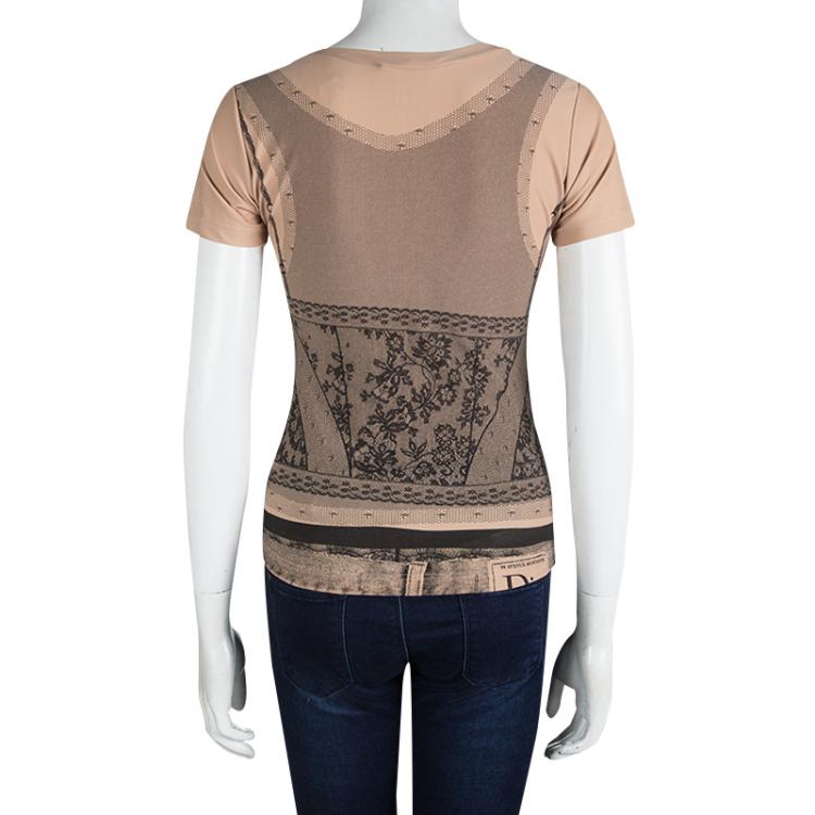 مملوكة مسبقًا Dior Boutique Peach Lace Print V-Neck T-Shirt M