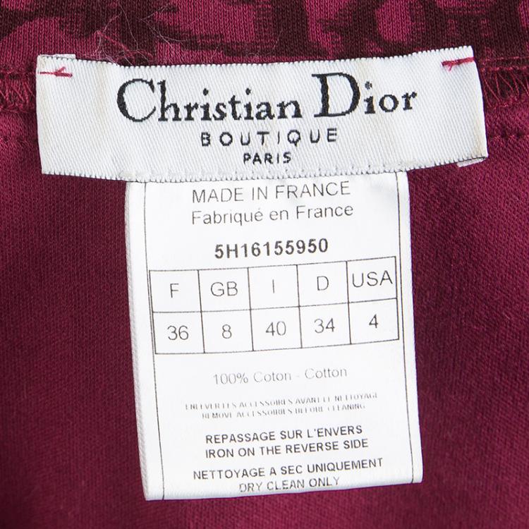 Pre Owned Dior Boutique Red Printed Jersey Floral Brooch Detail V-Neck T-Shirt S