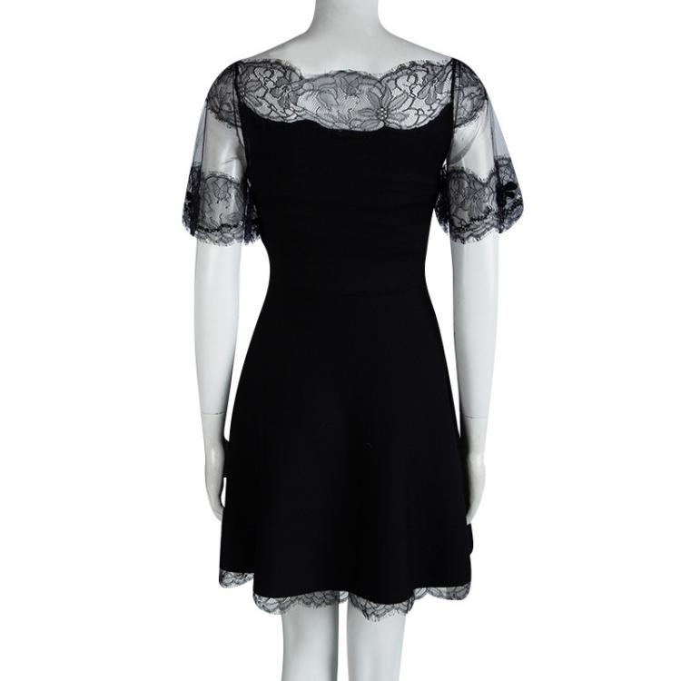 Pre Owned Dior Black Wool Scallop Lace Detail Embellished Skater Dress M