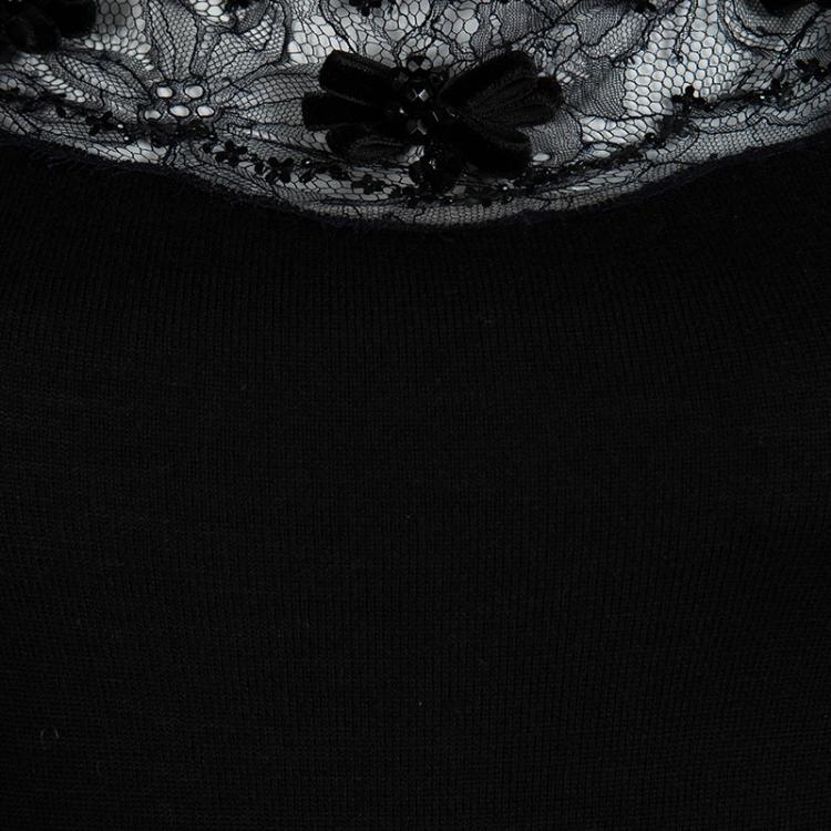 Pre Owned Dior Black Wool Scallop Lace Detail Embellished Skater Dress M