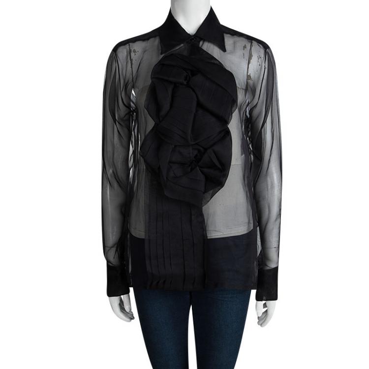 Pre Owned Dior Black Silk Floral Applique Detail Sheer Blouse M